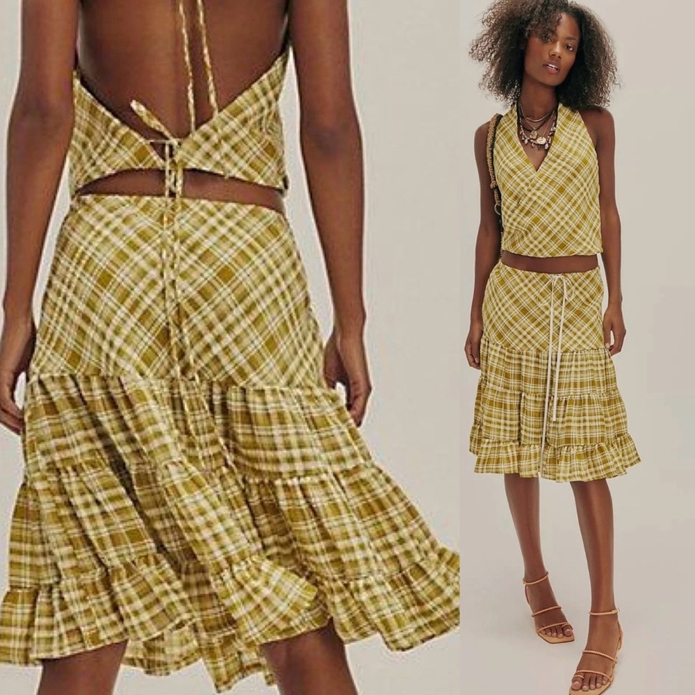Lightweight Yellow Plaid Tiered Midi Skirt - Women